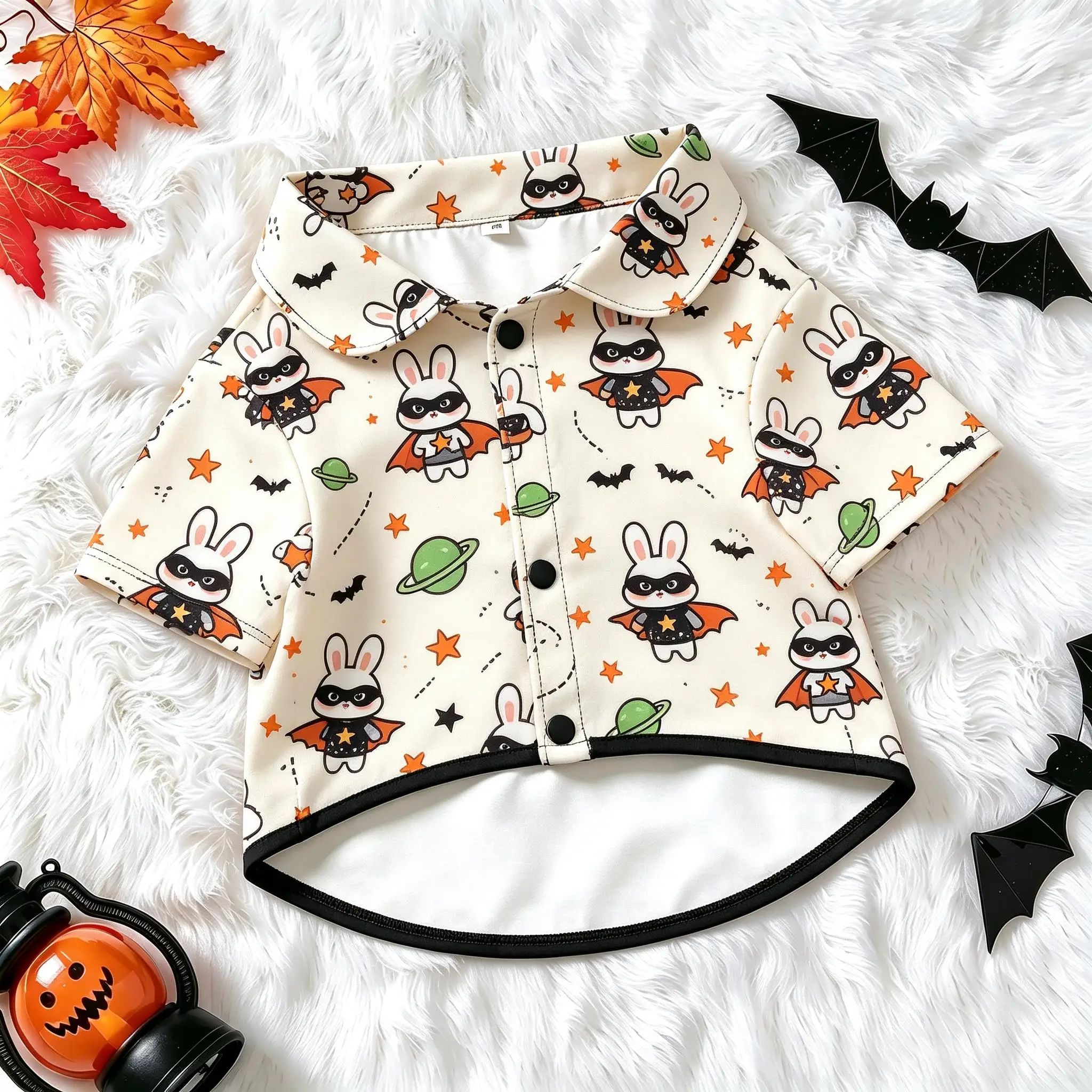 Pet Dog Shirt Beige Superhero Panda Cape Print Lightweight Button Up for Small Medium Dogs Cute Space Theme Daily Wear