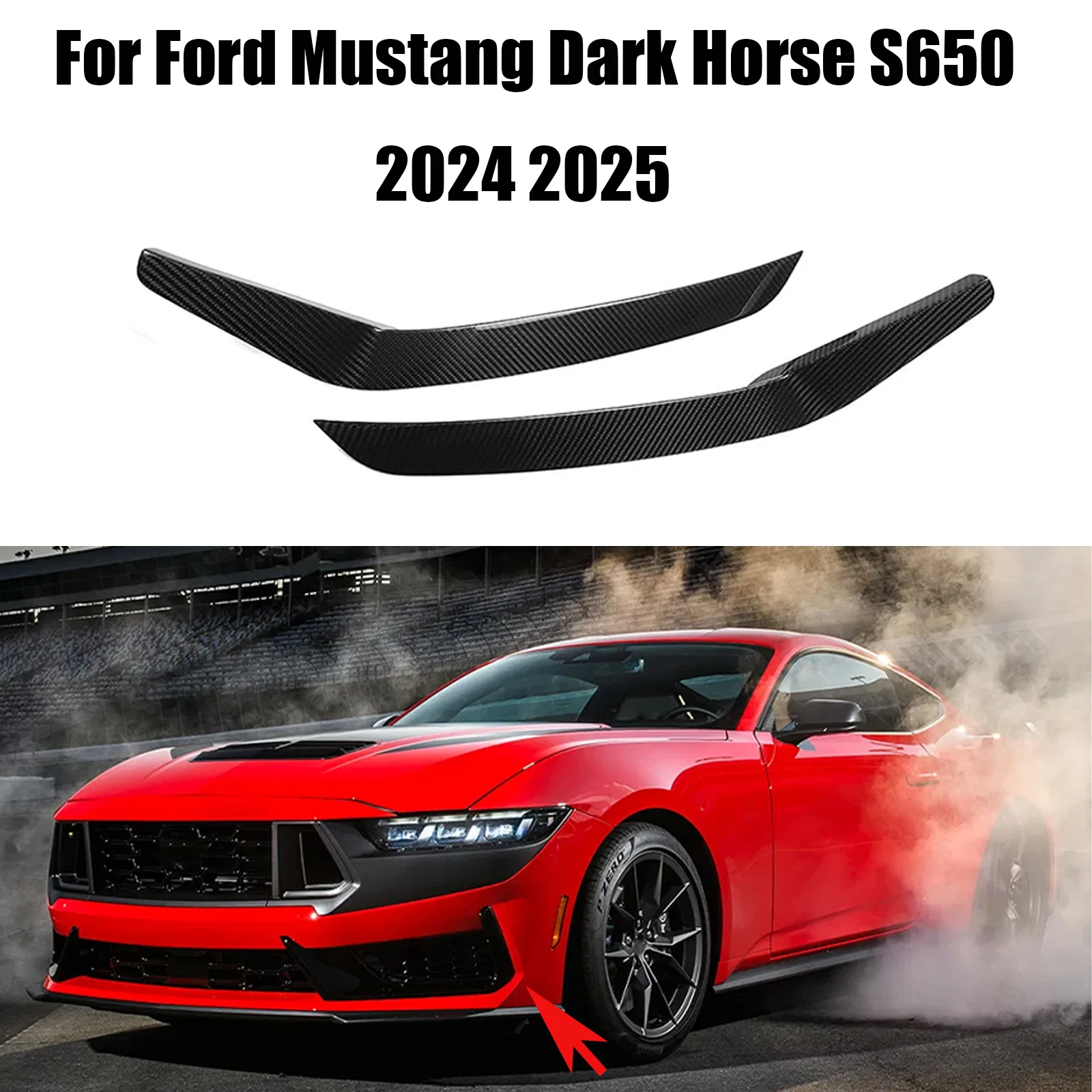 

For Ford Mustang Dark Horse S650 2024 2025 Front Bumper Side Canards Dive Planes Trim Glossy Black Carbon Fiber Look