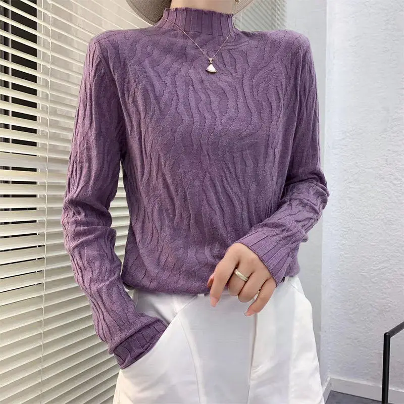 Spring and Autumn New Long Sleeve Women's Clothing Elastic Wrinkle Versatile Slimming Knitted New Bottom Shirt Top for Women