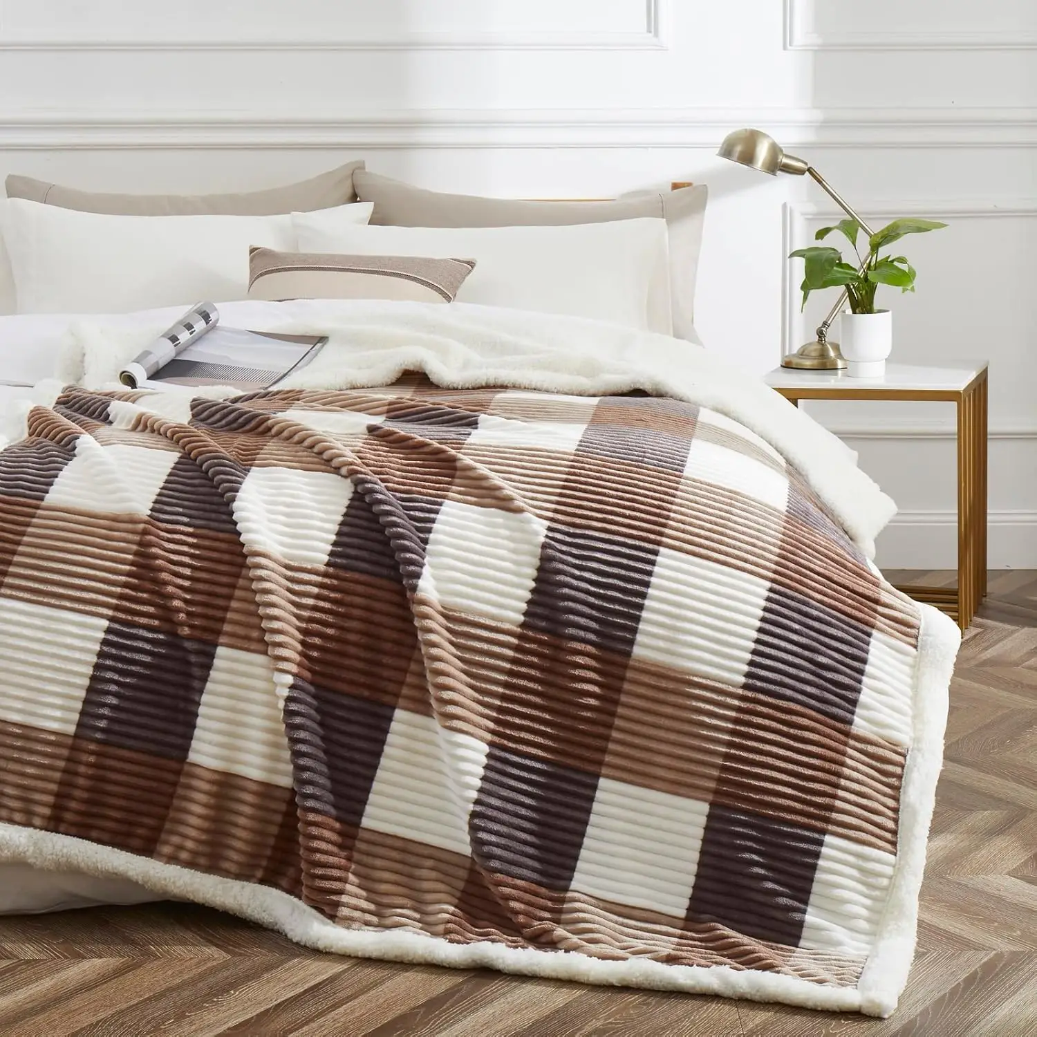 Sherpa Blanket Twin Plaid Thick Bed Blanket Super Soft Flannel Fuzzy Fleece Reversible Velvet Plush Warm Blanket for Couch Beige