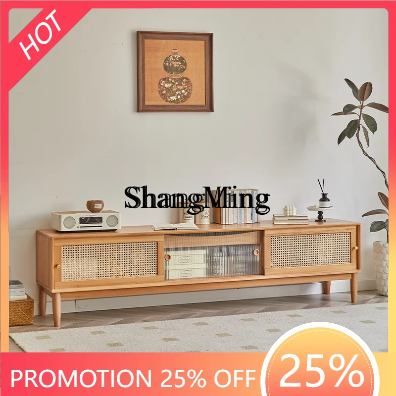 FG good-looking solid wood rattan TV cabinet household simple modern floor cabinet log TV cabinet