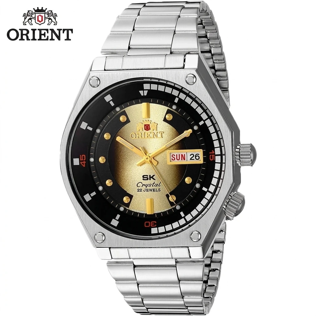 Orient SK Crystal Octagonal Dive Watch for Men Automatic 22Jewels Day Date Luminous Stainless Steel Sports Mechanical Wristwatch