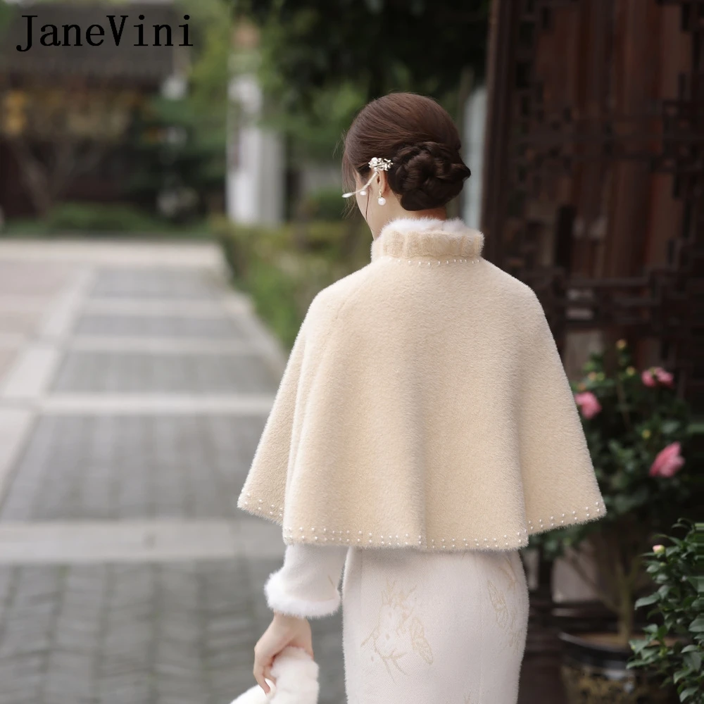 JaneVini Champagne Pearls Fur Bolero Woman Elegant Cape Cloak Wedding Dress Shawl Winter Faux Fur Bridal Wraps Evening Shrugs