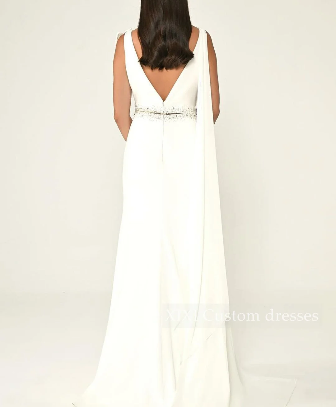 فستان سهرة XIXI مغرفة بياقة مطرزة بالخرز بطول أرضي مكشكشة بسحاب فساتين بلا أكمام لحفلة موسيقية Vestidos De Festa #3