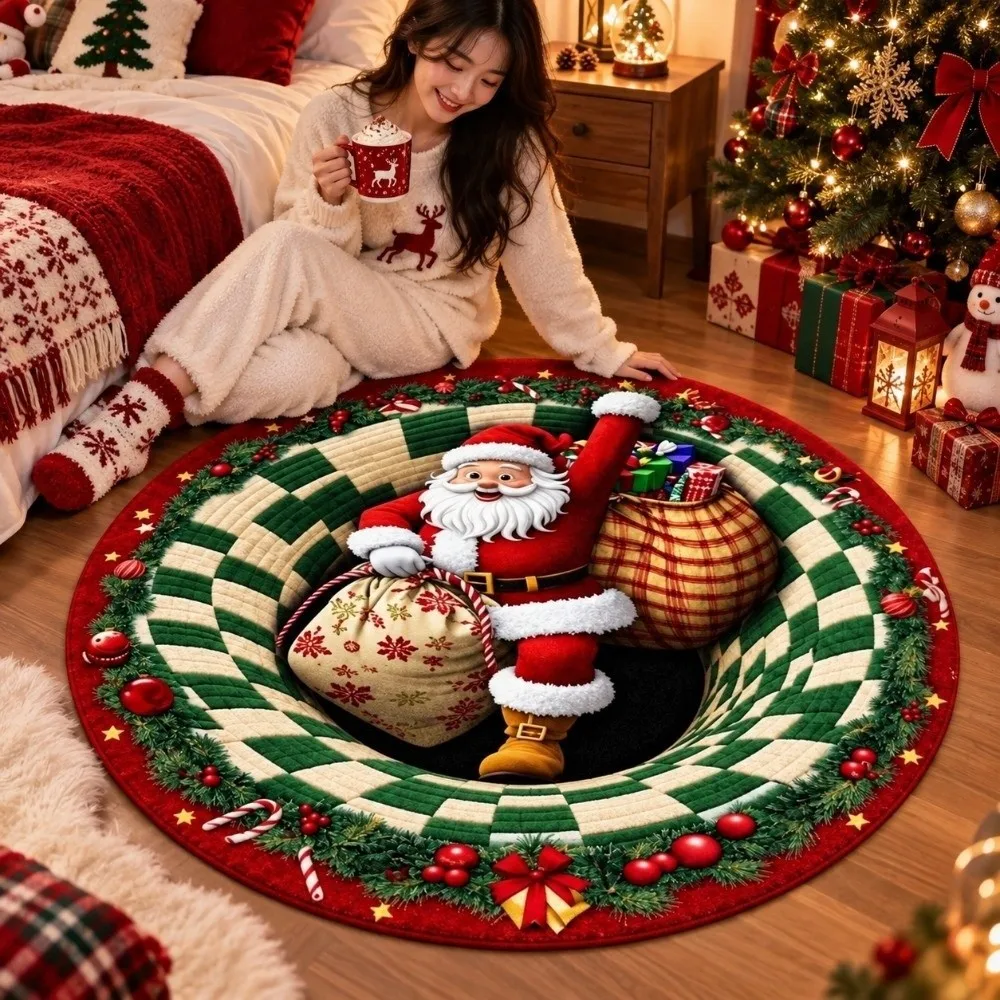 2D Flat Christmas Round Rug Polyester Santa Pattern 3D Illusion Carpet Bottomless Pit Washable Fabric Optical Delusion Doormat