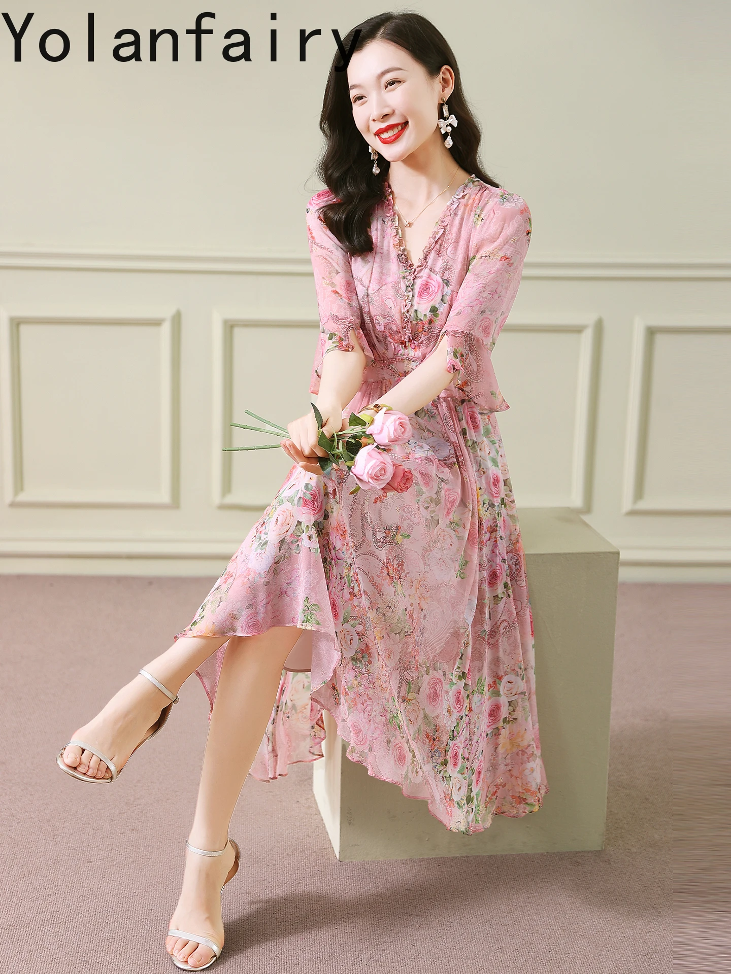 YOLANFAIRY 100% فساتين حرير التوت الأصلية فستان نسائي صيفي أنيق فاخر عالي الجودة فستان شاطئ ملابس نسائية رداء