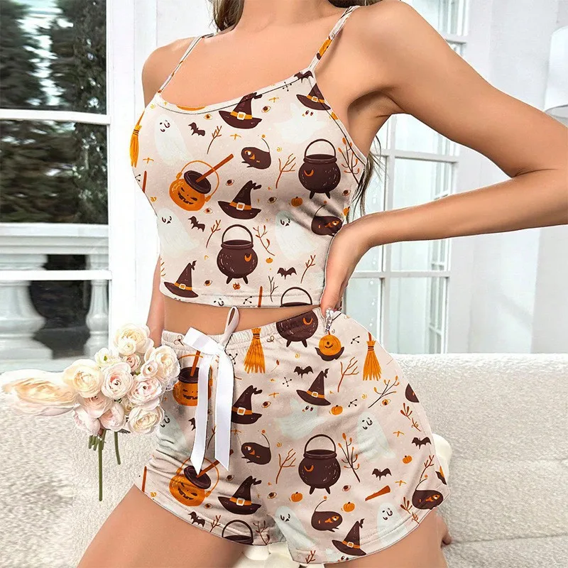 

Новинка 2024 года, пижамный комплект на Хэллоуин, шорты с принтом на бретелях, женский домашний пижамный комплект из двух предметов, м