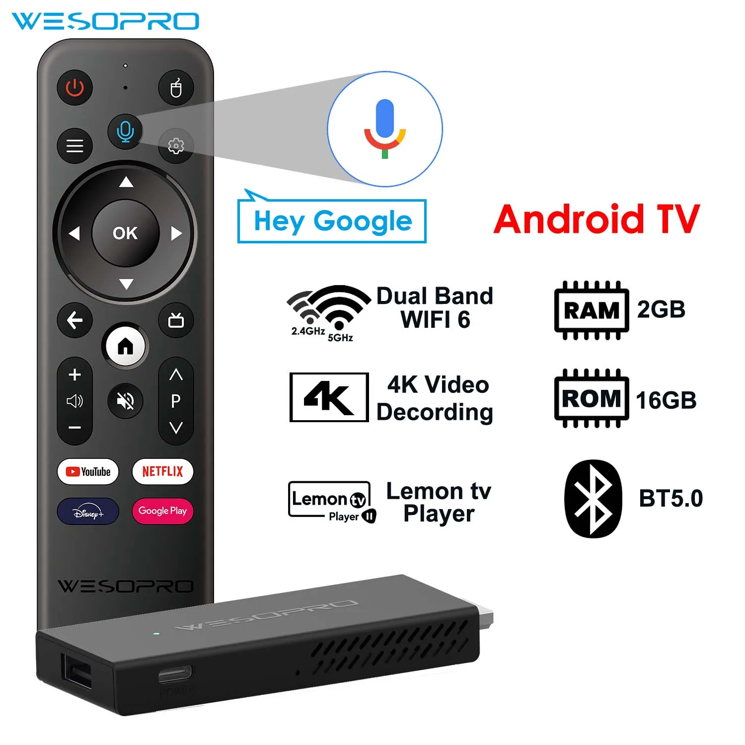 WESOPRO TV Stick G2 Android 12 Smart TV Dongle 2GB RAM 16GB ROM 2.4 جيجا هرتز 5.0 جيجا هرتز واي فاي 6 BT5.0 H.265 4K 30pfs VS Xiaomi Mi TV Stick