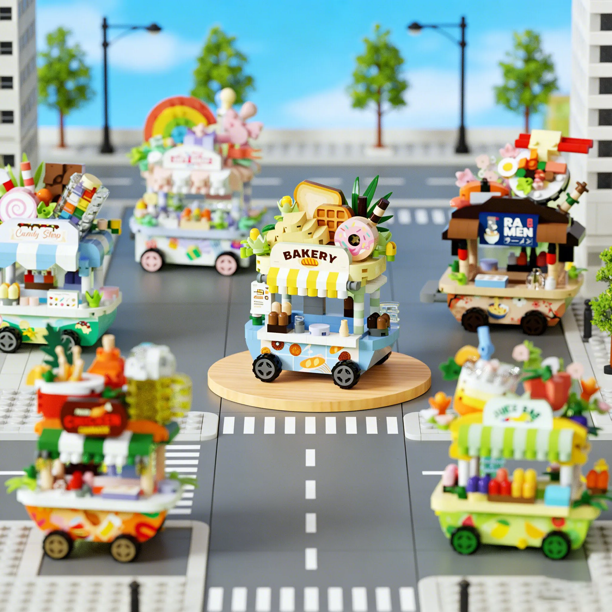 

6pcs Mini Creative Street Food Cart Model Building Block Set, Holiday Gift Display Cabinet Puzzle Toy For Adults And Kids