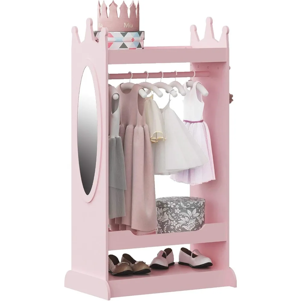 

Kids Dress Up Storage with Mirror Costume Wardrobe Open Hanging Armoire Closet Pretend Play Storage Dresser Pink