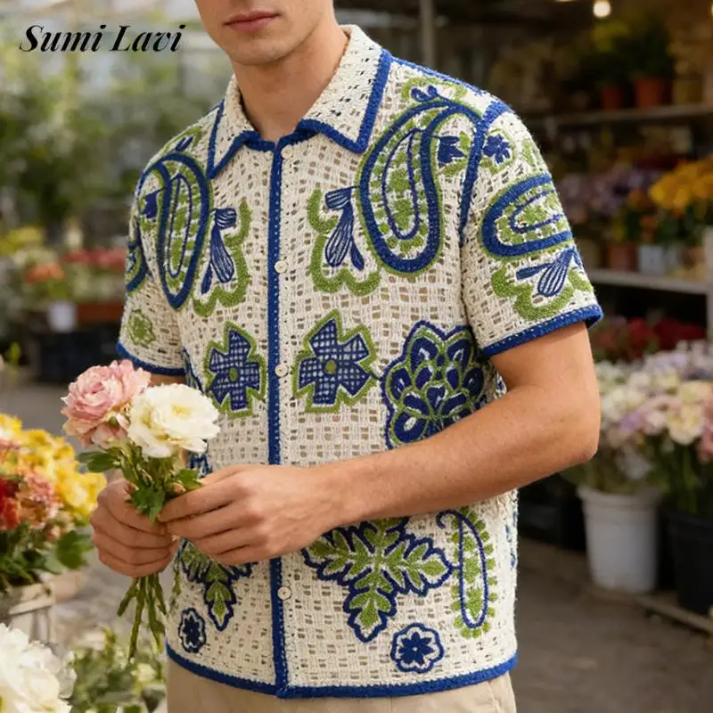 

Seaside Beach Mens Casual Shirt Knitting Hollow Out Short Sleeve Buttoned Lapel Cardigan Tops Vintage Men Embroidery Knit Shirts