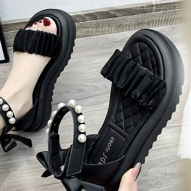 2024 Summer Fashionable Casual and Comfortable Girls Casual Open-Toe Thick-soled Beaded Straight-Bow Wear-Resistant Sandals