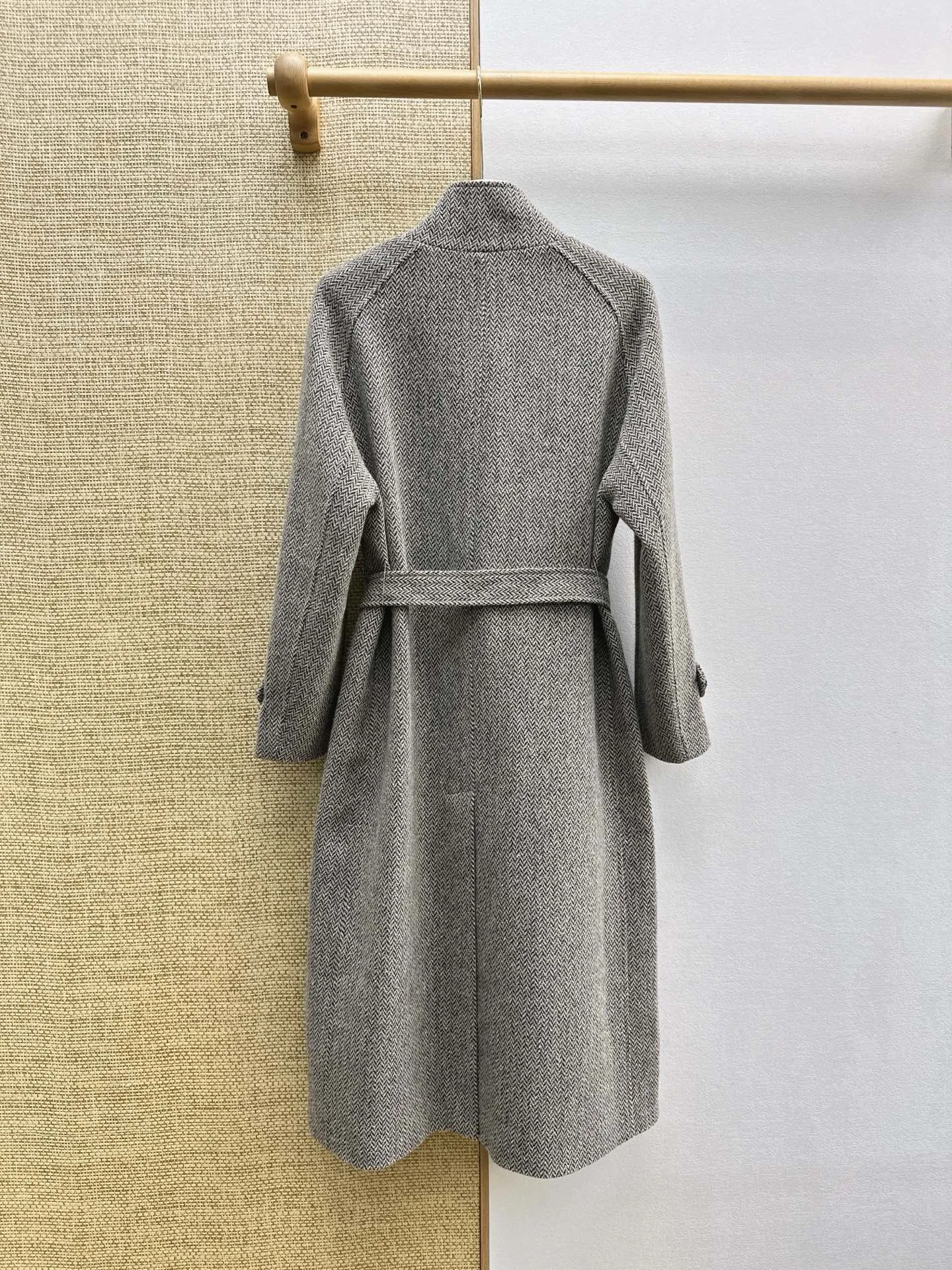 New Autumn Winter Vintage Herringbone Long Wool Coat, Stand Collar Belted Woolen Outerwear