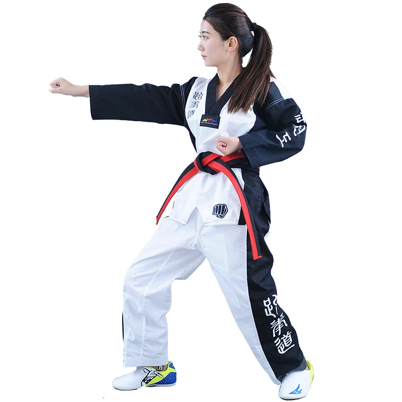 

High Quality Black Red Taekwondo Uniform Training Taekwondo Suits Embroidery Uniforms Poomsae dobok WTF approved Size 160-190cm