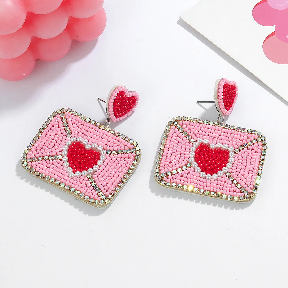 Sweet Pink Seed Beads Love Letter Earrings for Women Braided Beaded Envelope Earrings Valentine Jewelry