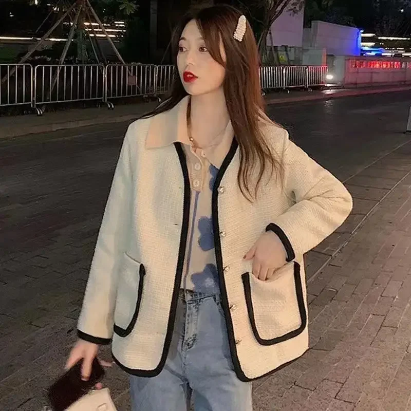Korean Style Tweed Girl Casual Jacket Crew Neck Autumn Women Fashionable Chic Color Blocking Top Loose Fit Plus Size Slimming