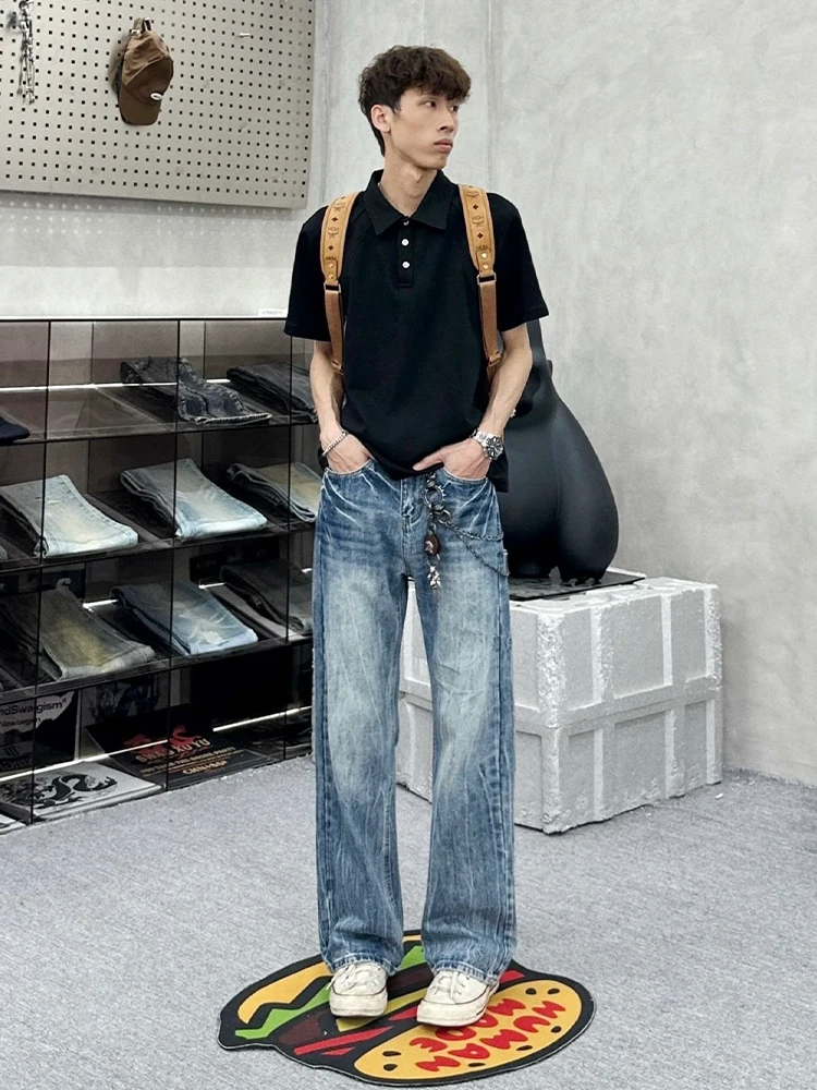 

Blue Lightning Pattern Flared Jeans Men Summer Thin High Waist Extended Drapey Pants High Waist Lift Straight Leg Jeans