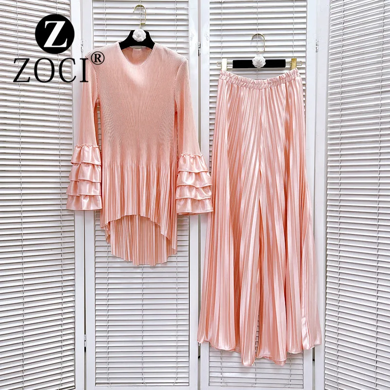 [ZOCI] San Zhai Fold Simple Versatile Style Solid Color Elegant Top+Pants Set