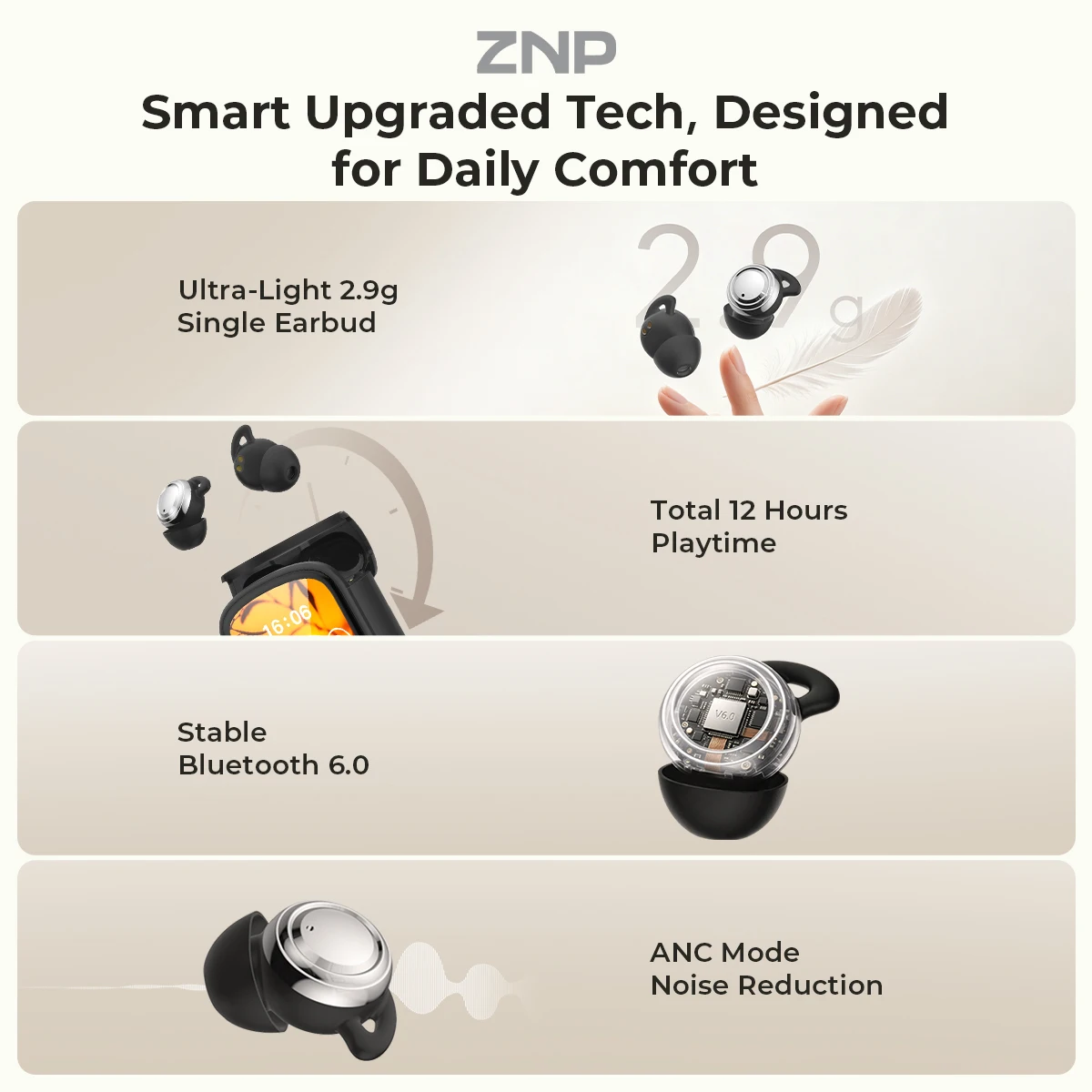 ZNP P04 Wireless Sleep Earbuds Bluetooth 6.0 ANC Active Noise Reduction Touch Screen Headphones IPX5 Waterproof Sports Earphones