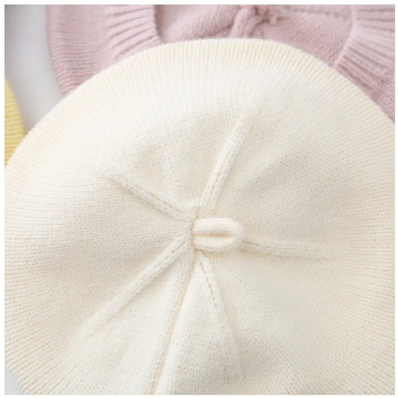 Baby Hat Solid Color Flower Baby Beret Hat Winter Warm Knitted Beanie Cap for Infant Girls Toddler Princess Artist Painter Caps