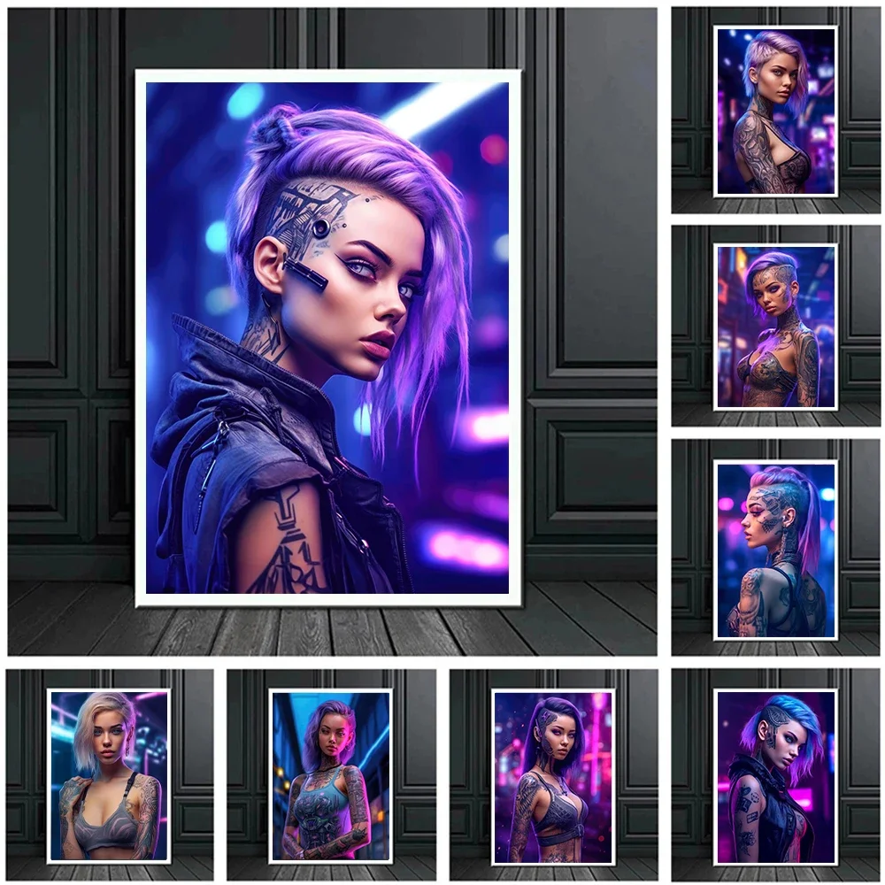 Cyberpunk Tattoo Girls Poster Prints For Living Room Home Decor Fantastic Anime Game Cool Woman Canvas Painting Wall Art Gift