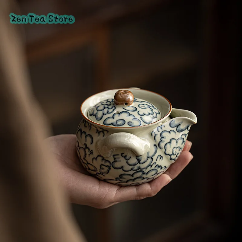 Retro Ru Kiln Blue And White Xiangyun Hand Grab Pot Kung Fu Tea Set Single Tea Bowl Ceramic Home Single Pot Cup Teapot