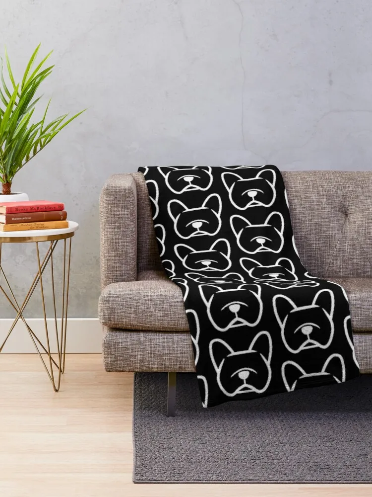 French Bulldog face in white - White Frenchie face - White French Bulldog silhouette sticker Throw Blanket Custom Furry Blankets