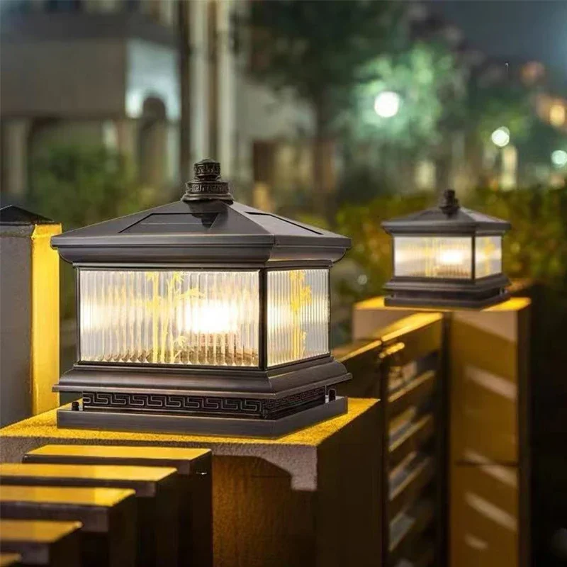 TEMOU Outdoor Solar Post Lamp Vintage Creative Chinese Brass  Pillar Light LED Waterproof IP65 for Home Villa Courtyard