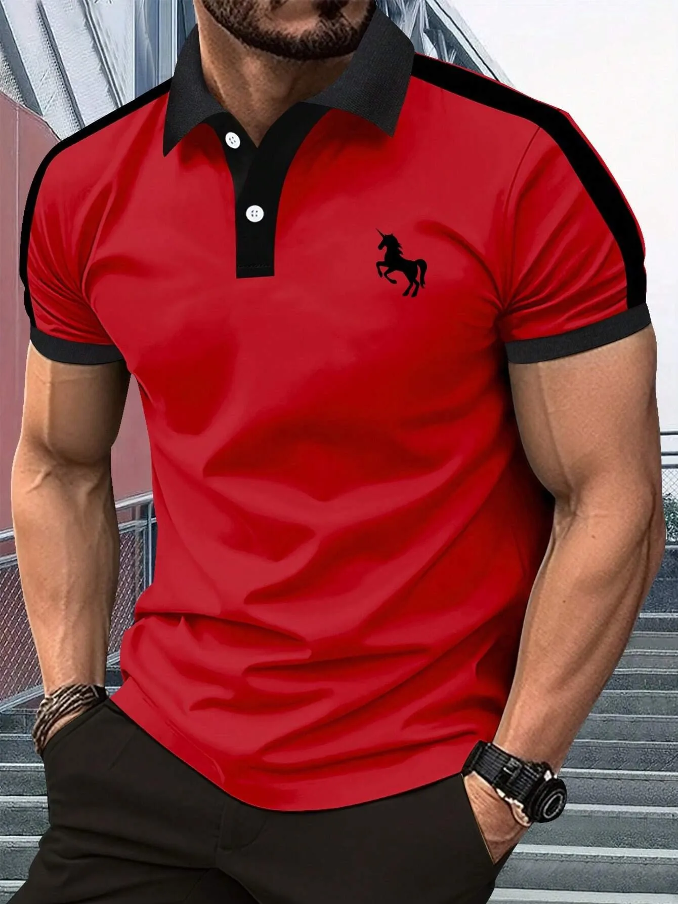 New men's summer training striped print comfortable breathable polo short sleeved T-shirt outdoor urban casual top