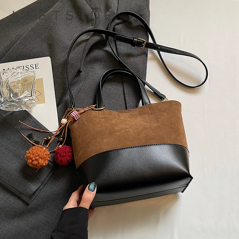 

LEFTSIDE Women's Crossbody Bag Patchwork Leather Purse with Colorful Pom Pom Keychain Fashion Boho Shoulder Bag for Female