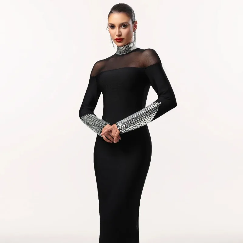KEXU Moda Feminina Gola Alta Manga Longa Slim Fit Strass Vestido Sexy Malha Patchwork Bodycon Party Maxi Vestido