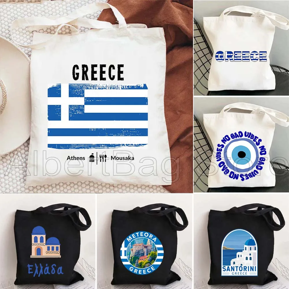 

Santorini Greece Greek Blue Evil Eye Greece Flag Cute Gifts Shopper Harajuku Canvas Tote Bag Cotton Shopping Lady Casual Handbag
