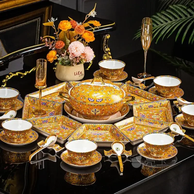 Chinese Household Dishes and Dishes Palace Enamel Color Platter Set