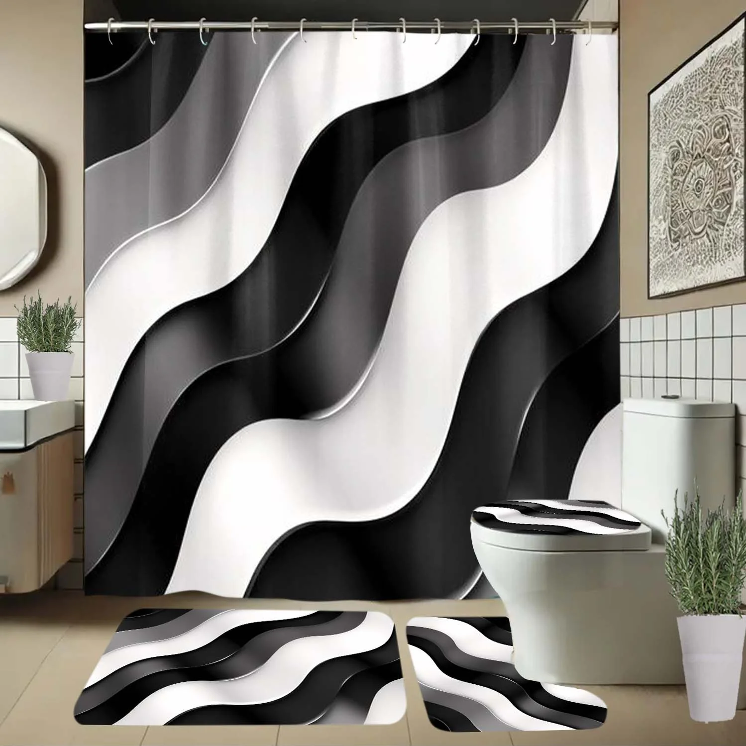

4 шт. черно-белая занавеска для душа с изогнутым волнистым узором и крючками, занавеска для перегородки ванной комнаты, аксессуары для ванной комнаты