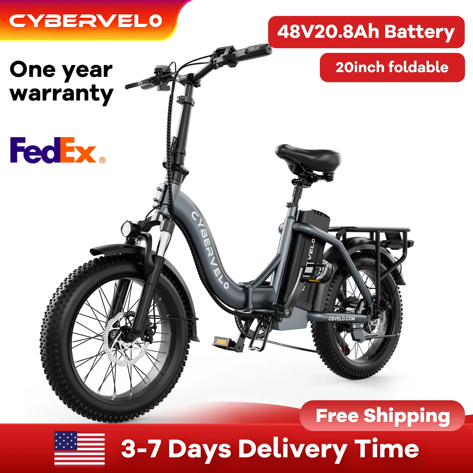 

Cybervelo 20" Step-Thru Ebike, 7-Speed Folding Electric Bike,48V 20AH Removable Battery for Adult, 30MPH+ 80Miles MARS700
