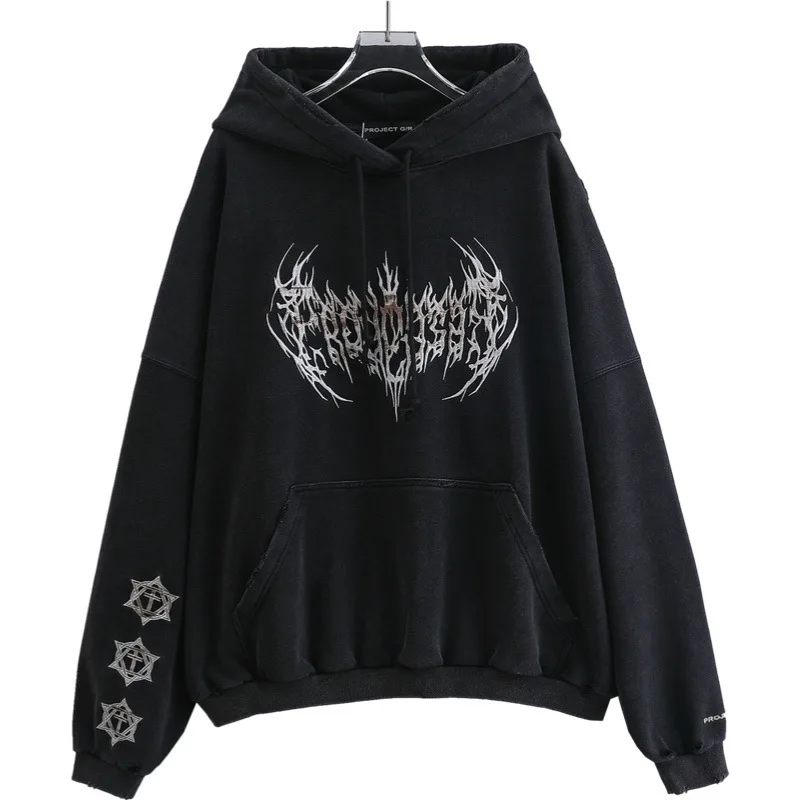 PFNW High Street Trendy Autumn Winter Washed And Old Dirty Dye Destruction Embroidery Sanskrit Hooded Sweatshirt For Men 28W5568