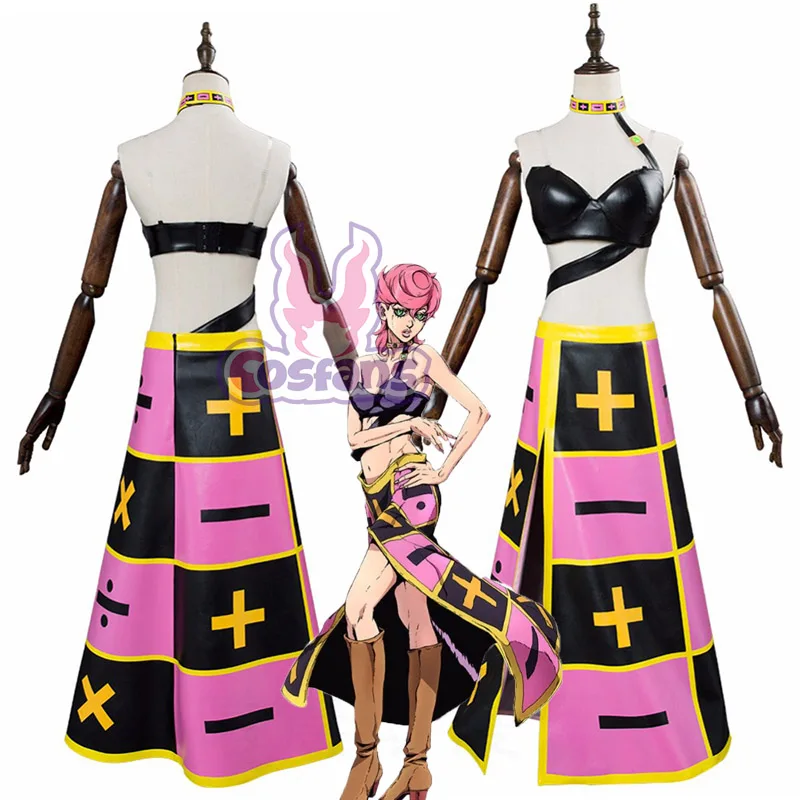 Disfraz de Cosplay de Trish Una, Peluca Rosa, Anime Jojo's Bizarre Adventure: Stone Ocean, Ropa Interior de Trish Cicciolina, Vestido, Collar, Uniforme