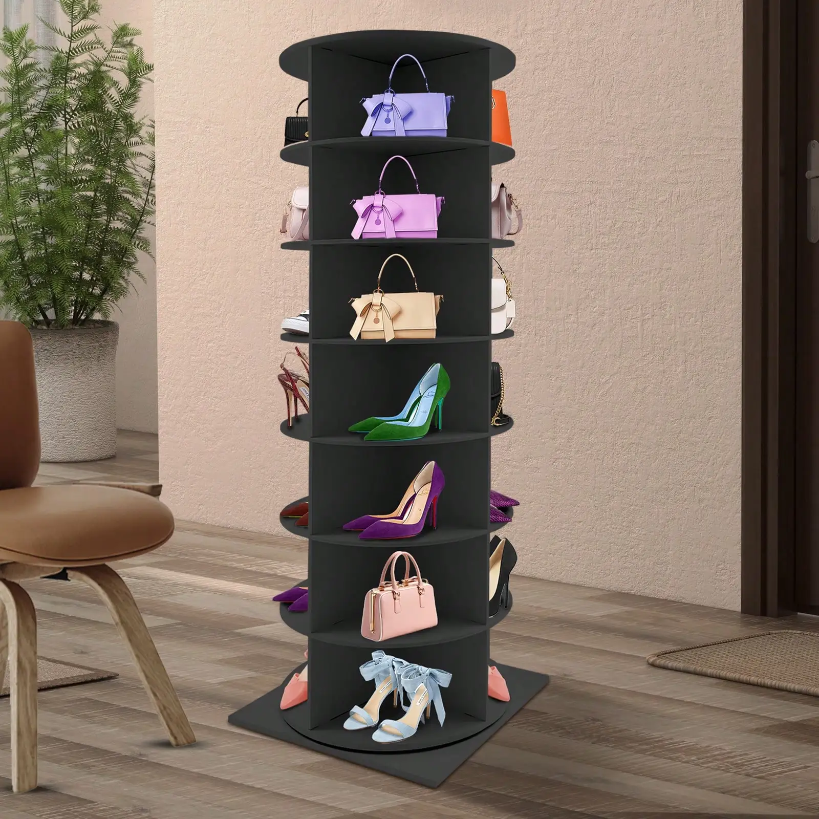 Pink/Black/White 7-Tier Rotating Shoe Rack Tower Spinning Wood Shoe Rack Free Standing 360° Revolving For Entryway Hallway