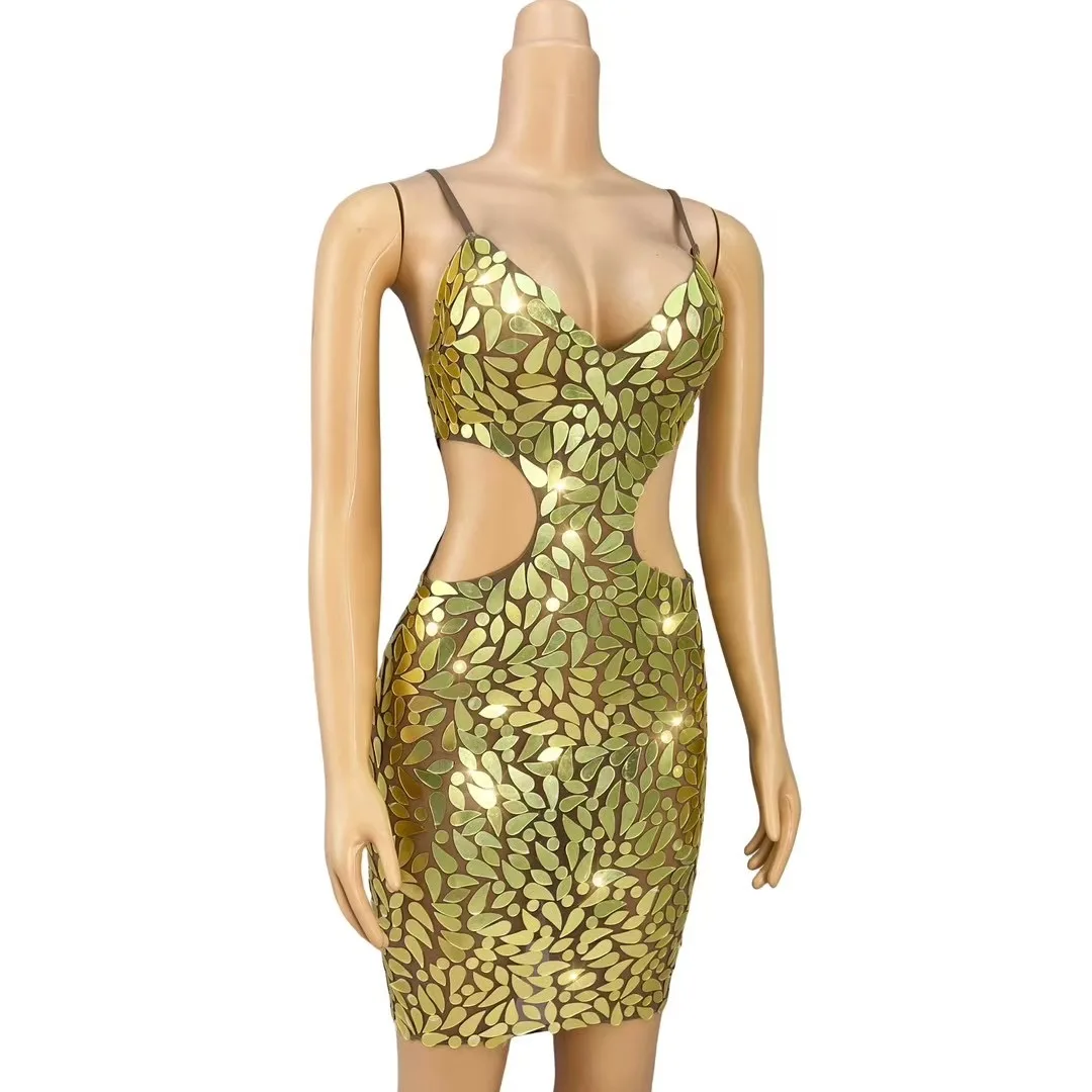 Sparkly Sequin Sexy Sling Hollow Out Mini Dress Birthday Evening Party Stage Performance Costume Bar Nightclub Hotwife Outfit