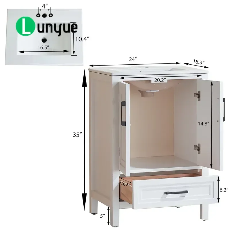 Modern Minimalist 24 Inch Solid Wood Freestanding Bathroom Vanity Cabinet White Floor To Ceiling Design For Small Bathrooms