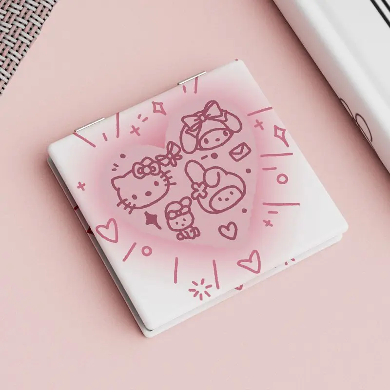 Hello Kitty-Mini Miroir de Maquillage Portable et Pliable pour Femme et Fille, Double Face, Mignon, Saniro Kt Cat, Cadeau