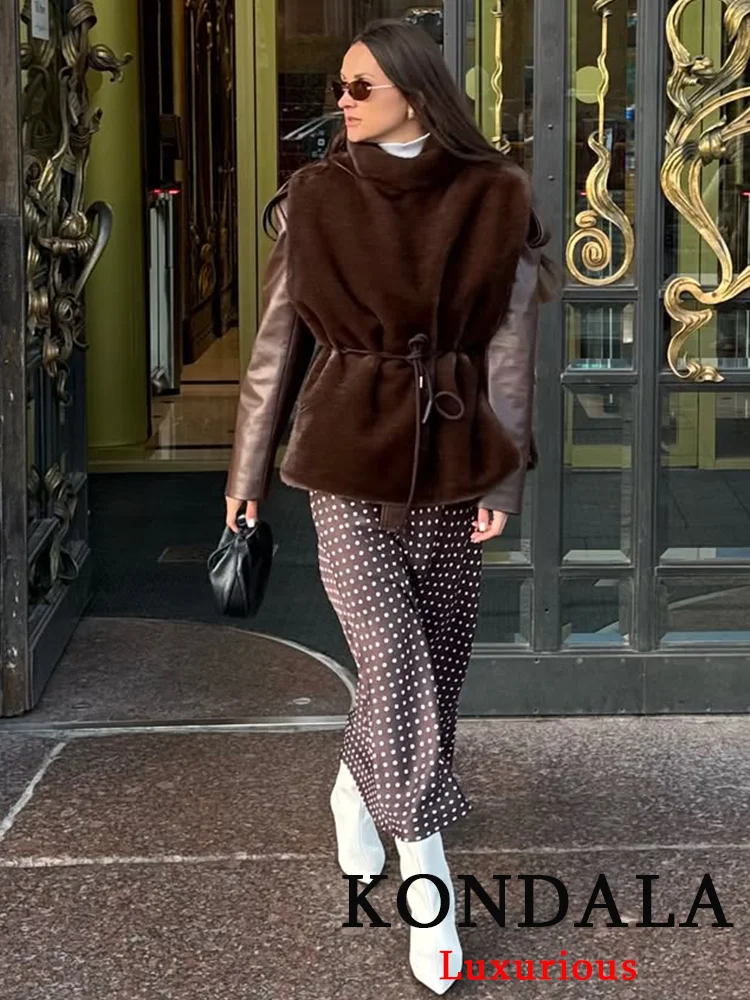 TRAFZA, abrigo informal de piel sintética para mujer, jersey marrón liso de cuello alto, fajas, Top recto, nueva moda, abrigo femenino para vacaciones de otoño 2025