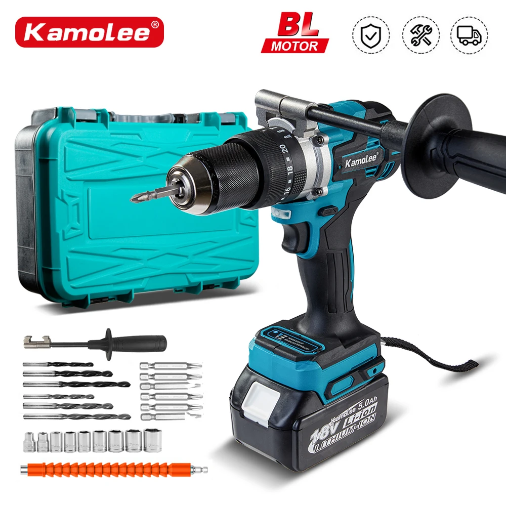 Kamolee 13MM Brushless Electric Impact Drill Cordless Screwdriver Lithium Battery Charging Hand Drill For Makita 18V Battery