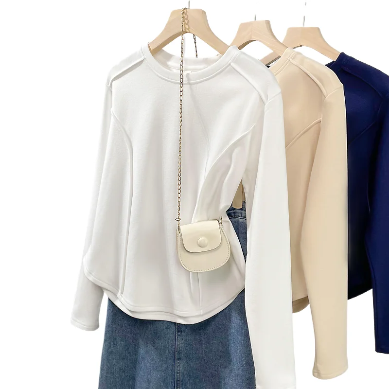 

Korean Version Fishbone Design T-shirt White Versatile Plush Warm Basic Shirt Women's Autumn Winter Round Neck Long Sleeved Tee