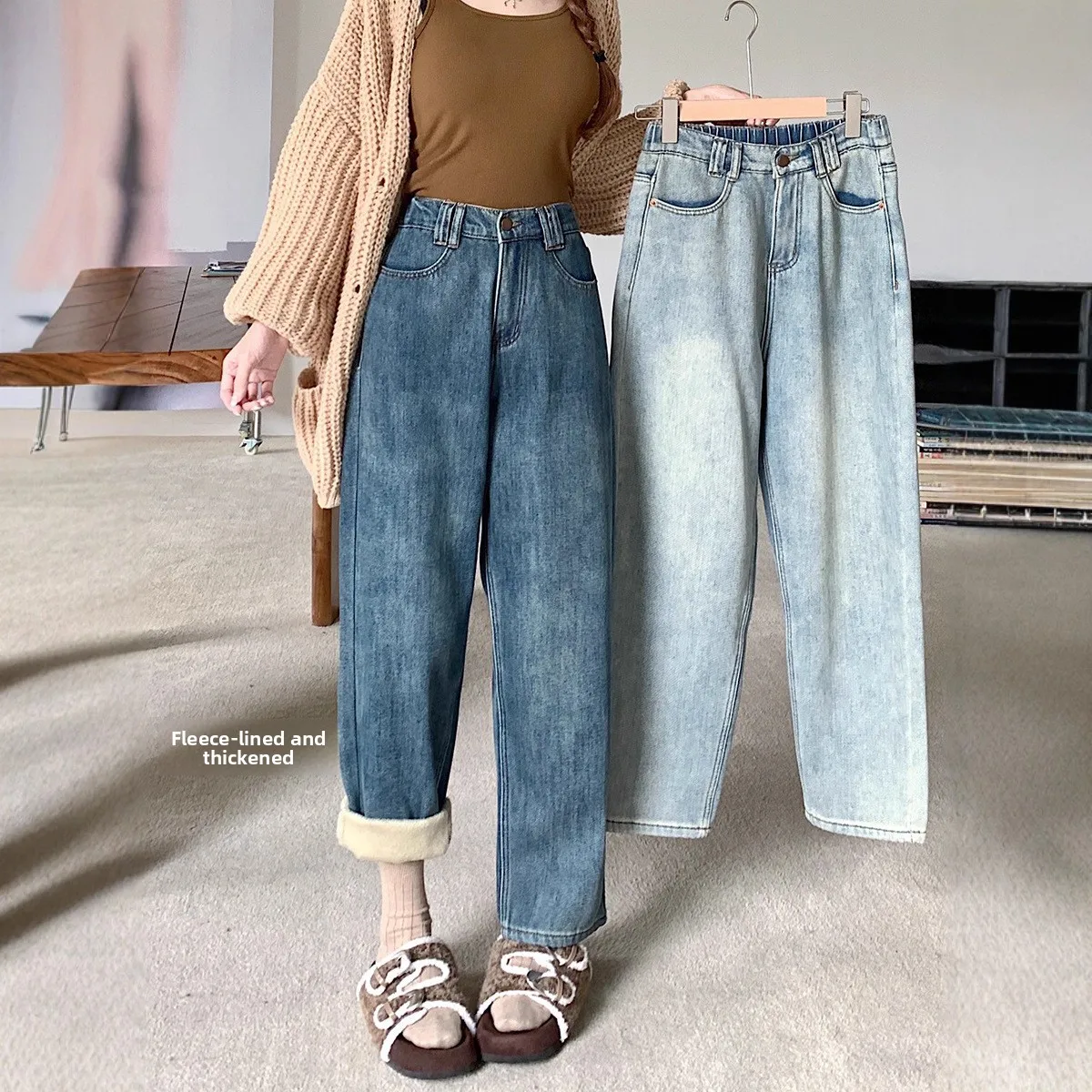 

Retro Fleece Lined Thick Straight Leg Denim Jeans Women's High Waist Loose Slimming Dad Harlan Pants Casual Winter Cotton Zipper