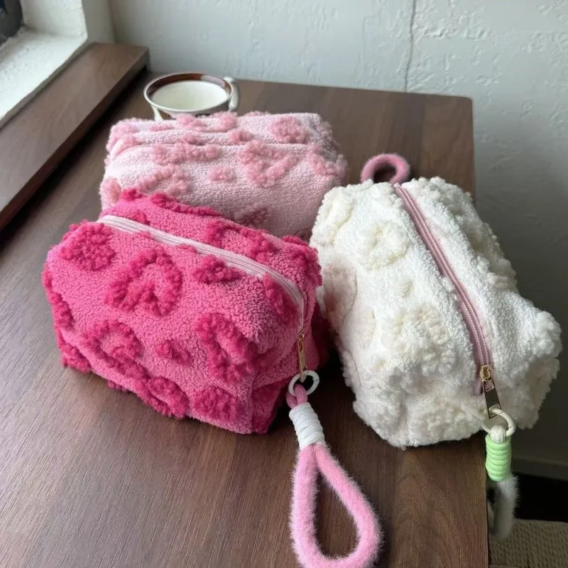 Plush Makeup Bags with Handle Soft Travel Cosmetic Storage Bag Portable Love Print Organizer Pencil Case Cute Clutch Pouch