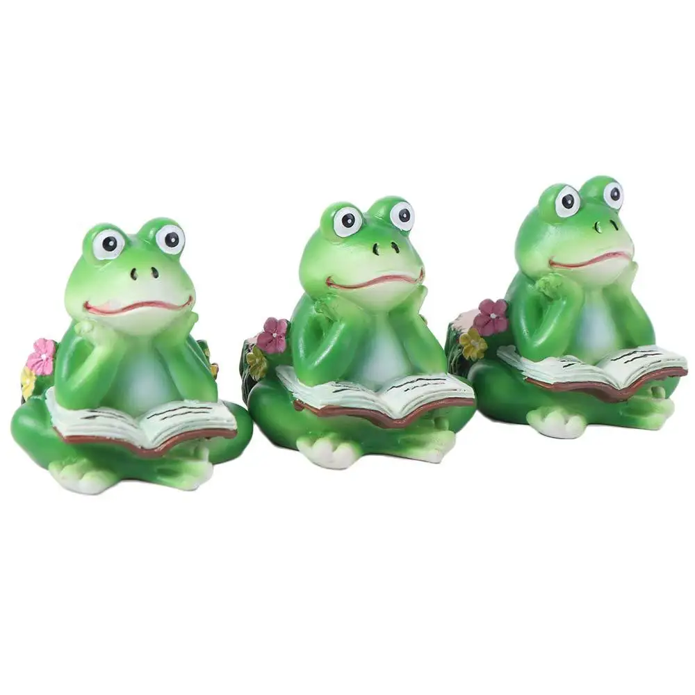 

3pcs Cartoon Reading Frogs Figurines Resin Crafts Green Frog Potted Mat Cute Handicraft Frog Bonsai Ornaments Plant Pot