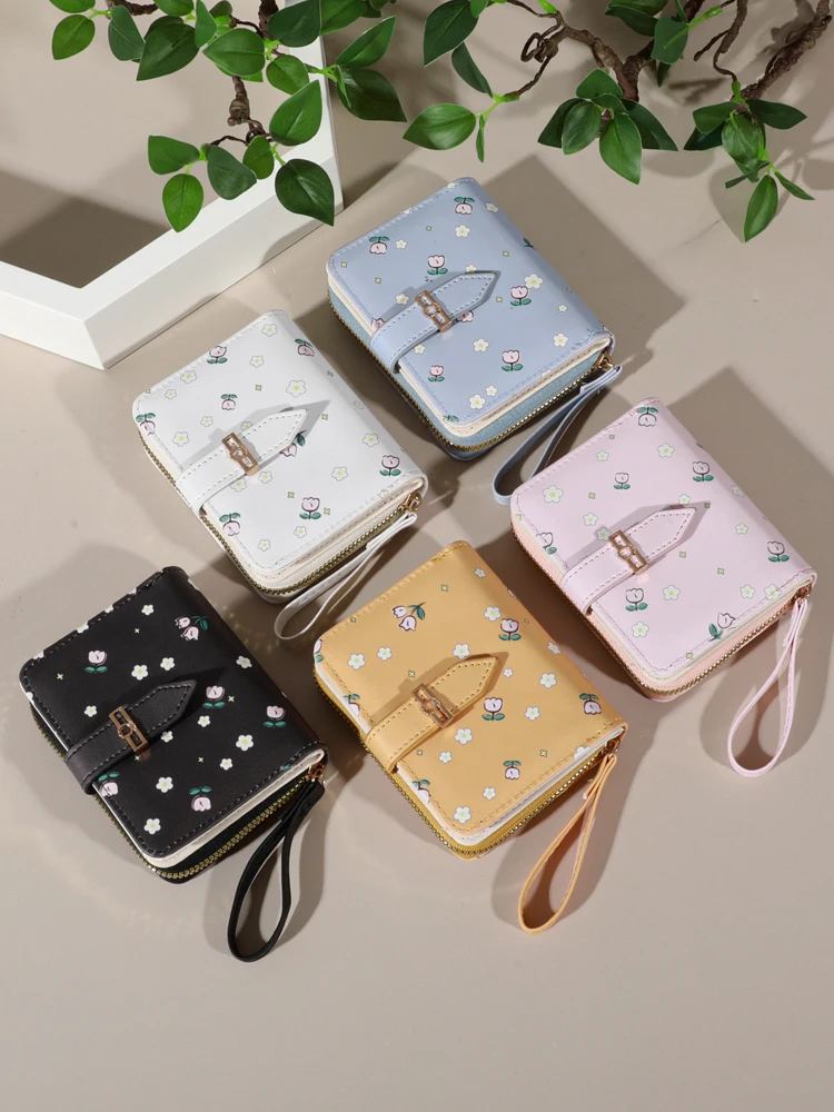 Flower patterned credit card holder for women or men\'s small card case with zipper hand-held wallet