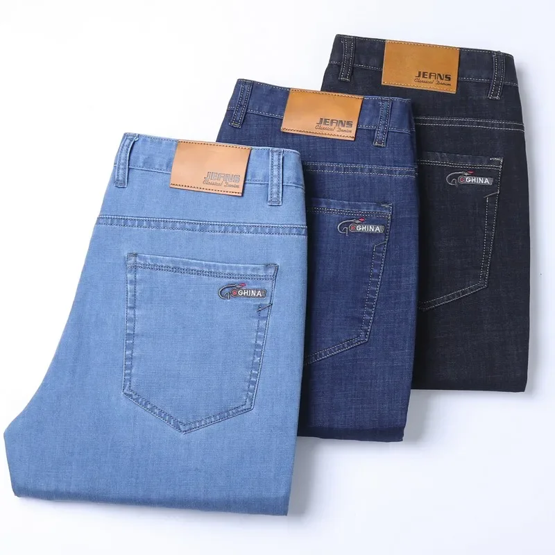 New Ice Silk Thin Denim Jeans For Men Blue Straight Stretch Cotton Pants Business Casual Lightweight Trousers Spring Summer