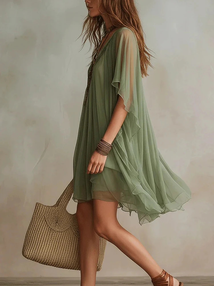 

Sexy Mesh Irregular Short Dress Elegant Deep V-neck Loose Mini Dress Fashion Solid Color Chiffon Half Sleeve Beach Holiday Dress